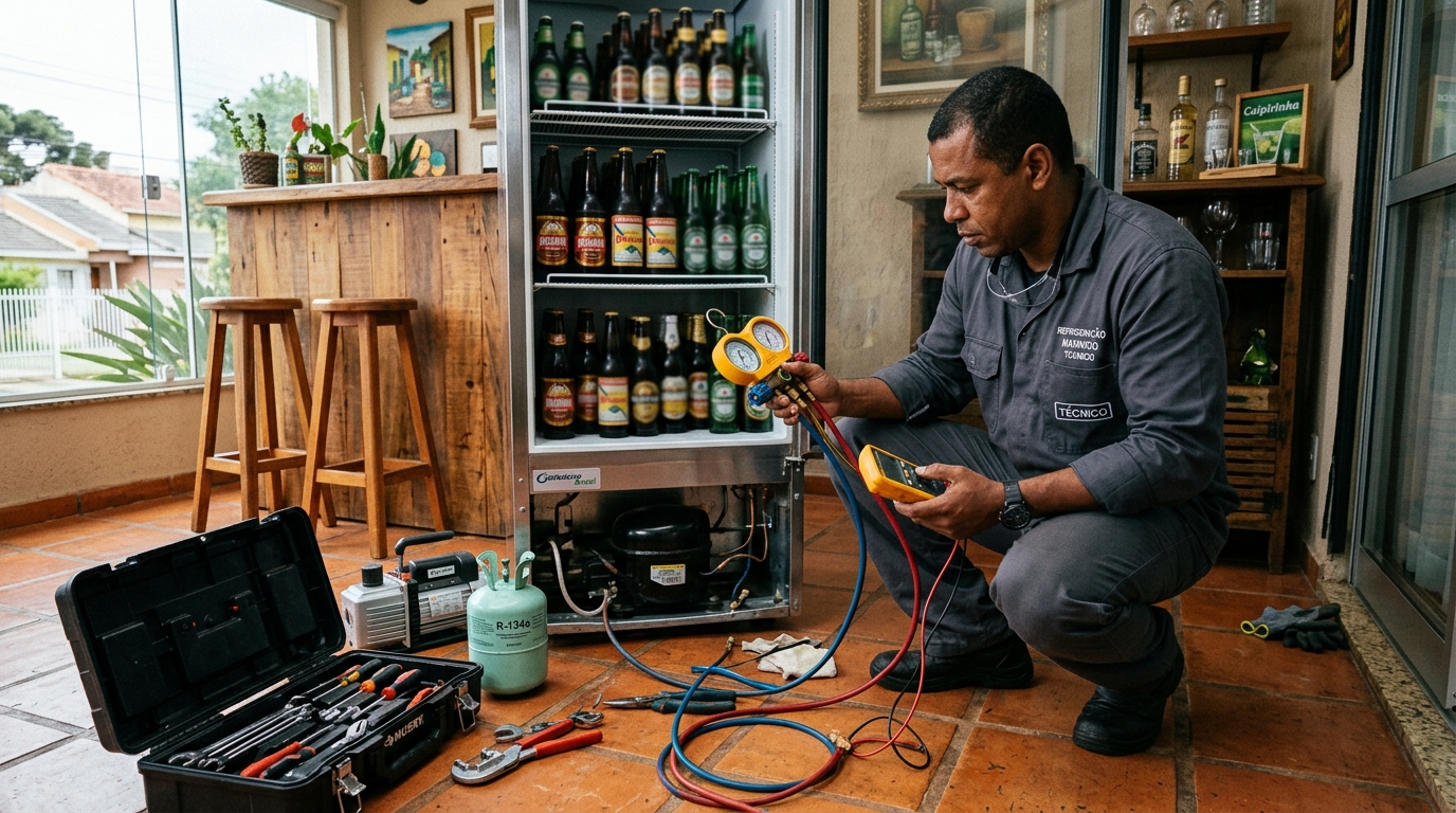 Técnico revisando o motor de uma cervejeira durante chamado em Aracaju‑SE
