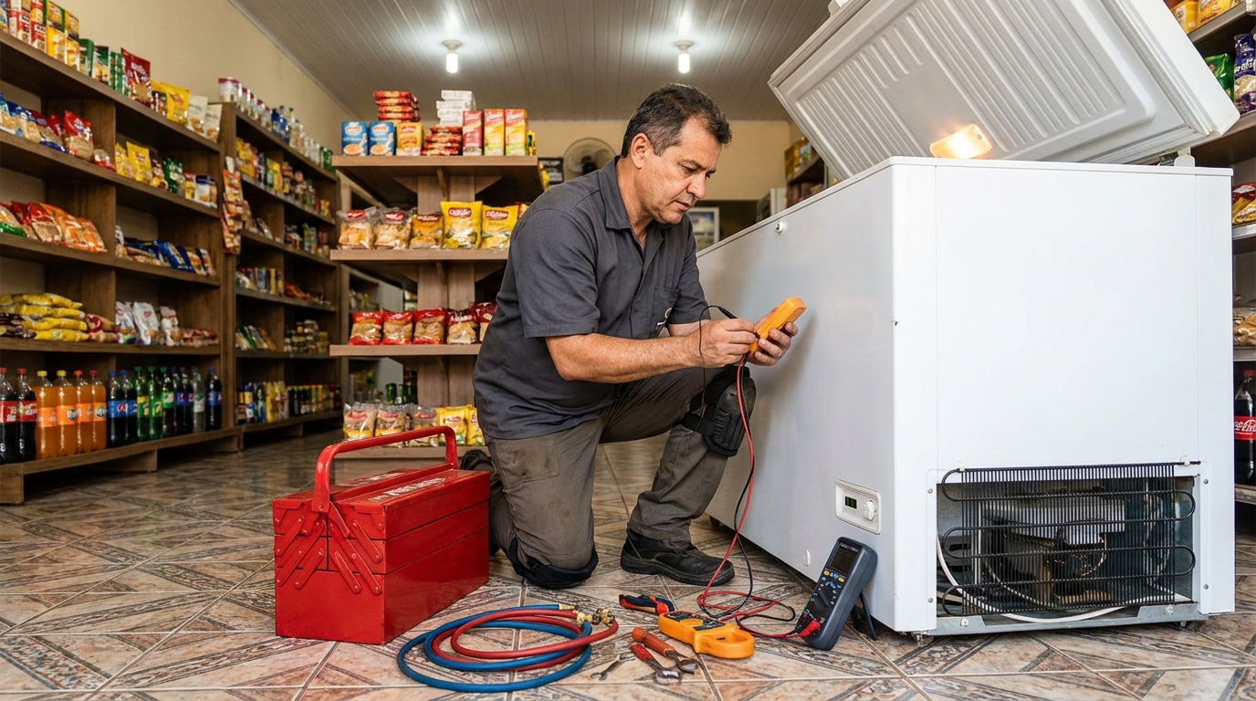 Manômetro conectado ao circuito durante recarga de gás de freezer em Aracaju‑SE