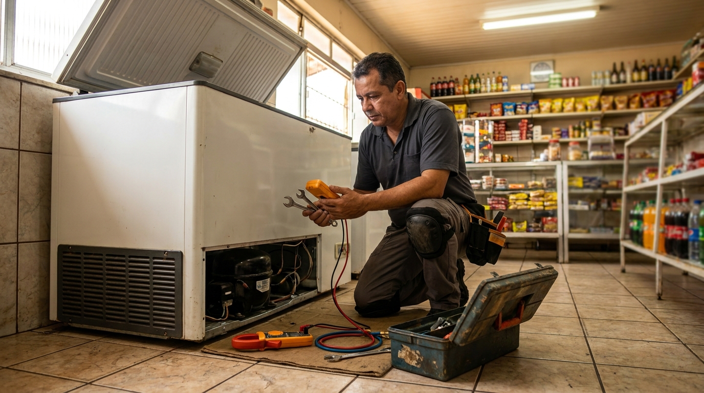 Técnico avaliando um freezer vertical durante atendimento em Aracaju‑SE